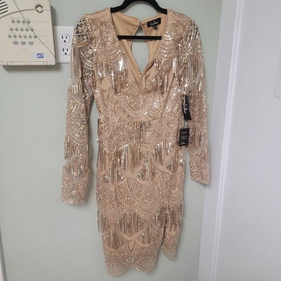 Lulu's Awe-Inspiring Gold Embroidered Sequin Midi Dress Size Small NWT - Picture 10 of 10